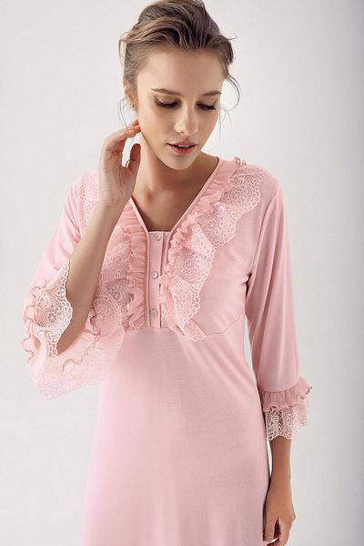 Artış Stretchy Viscose Maternity Nightgown - Button and Lace, Long Sleeve