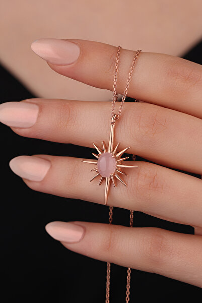 By Atölye Doğal Pembe Kuvars Taşlı Gümüş Kuzey Yıldızı Kolye