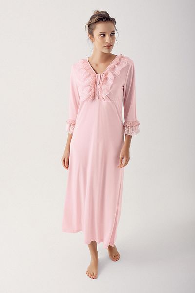 Artış Stretchy Viscose Maternity Nightgown - Button and Lace, Long Sleeve