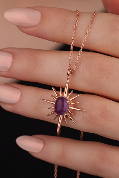 By Atölye Doğal Ametist Taşlı Kuzey Yıldızı Gümüş Kolye