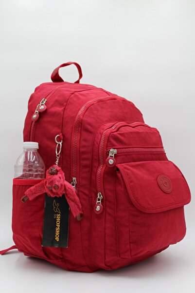 shopshop Unisex Red Crinkle Waterproof Fabric Large Size School Backpack Travel Bag with Keychain