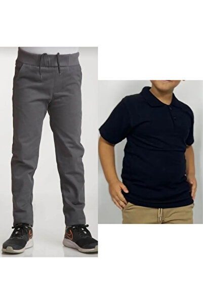 BLUEMOOR Unisex dečije rebraste pantalone sa strukom Lan sive školske pantalo...