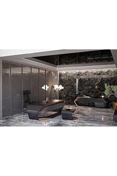 Çağın Ofis Mobilyaları 294 CM CİLALI SİYAH MAKAM ÇALIŞMA OFİS MASA TAKIM SAĞ ETAJERLİ