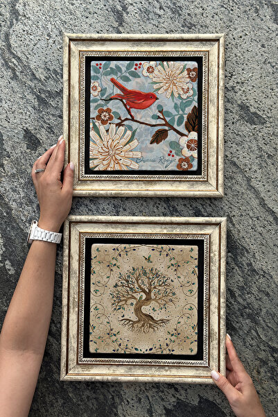 Oscar Stone Decor Çerçeveli Taş Duvar Dekoru Tablo 30x30cm 2'li Set (540-1259) Hayat Ağacı Kuş