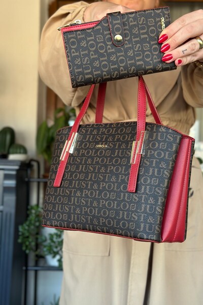 Just Polo مجموعة حقيبة كتف ومحفظة منقوشة باللون الأحمر - 2066-JP GZD