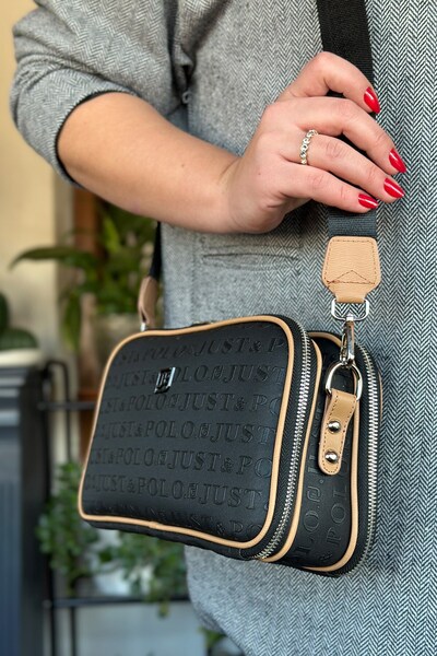 Just Polo حقيبة كتف نسائية باللون الأسود Tan-GZD- مع 5 أقسام وقابلة للتعديل -...