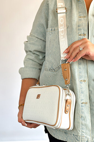 Just Polo حقيبة كتف نسائية يومية منسوجة من القطن مكونة من 5 أقسام - أبيض TABA...