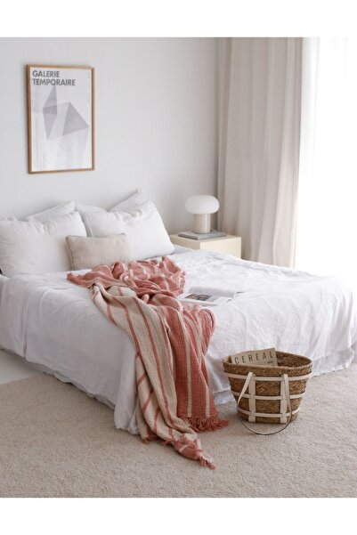 YASEMİNİNEVİ Kiremit Rengi -çizgili Tek Kişilik Müslin Yatak Örtüsü / Pike Takımı ( 1 Yastık Kılıflı )