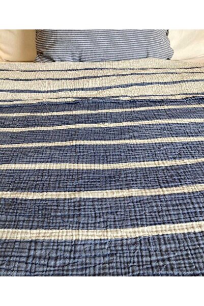YASEMİNİNEVİ Indıgo Çizgili Tek Kişilik Müslin Yatak Örtüsü / Pike Takımı ( 1 Yastık Kılıflı )