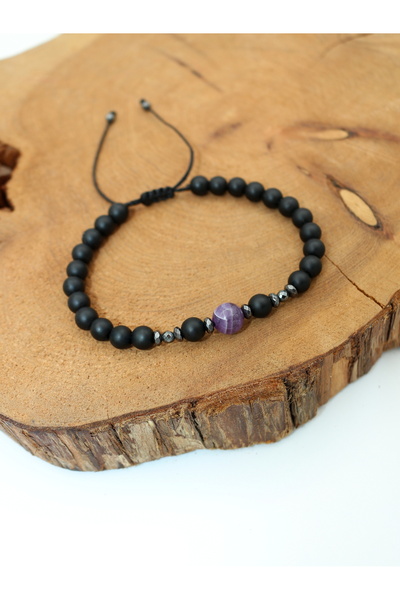 Yelda's Certified Matte Onyx, Amethyst and Hematite Natural Stone Men's Bracelet