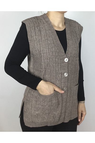 ECE GİYİM Woolen Short Mother's Vest - Front Button and Pocket