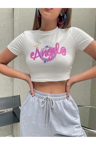 Jose Clothing Λευκό εμπριμέ κοντομάνικο Crop Top - Βρεφική μπλούζα που εφαρμόζει στο σώμα