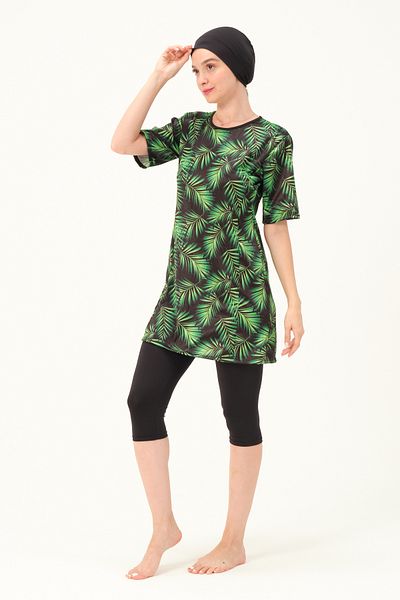 vawensea Women's Half Sleeve Patterned Hijab Swimsuit Green (WIDE SIZE RANGE)