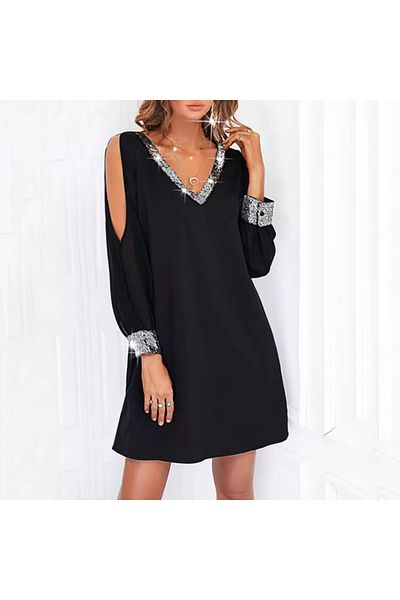 passense Women's Black Long Sleeve Slit Detail Sleeves Tulle V Neck Short Crepe Dress
