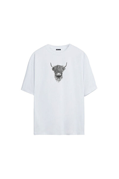 THEWERT Unisex škotska majica sa kravljim motivom B Štampano bela O Oversize ...