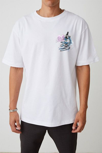 THEWERT Tricou supradimensionat alb cu imprimeu cu microscop Graffiti unisex