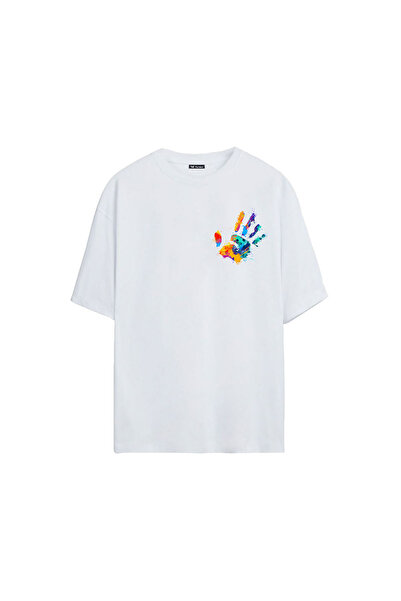 THEWERT Bela Oversize kroj Unisex T-shirt - Obojena ruka Štampano