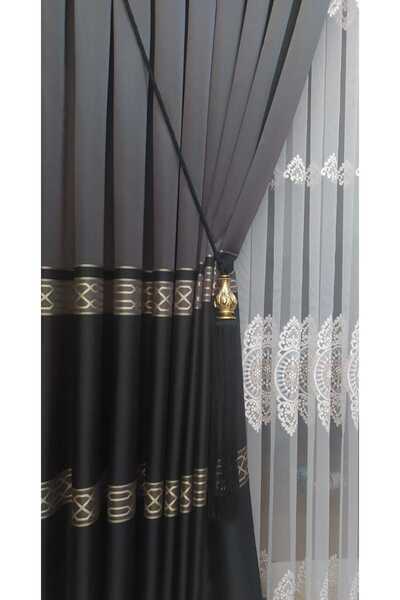 ÖzenEvim Fon Perde Toplama Aparatı Kornişe Takmatik Siyah Püsküllü Tavan Braçolu Seti ( 2 Adet)