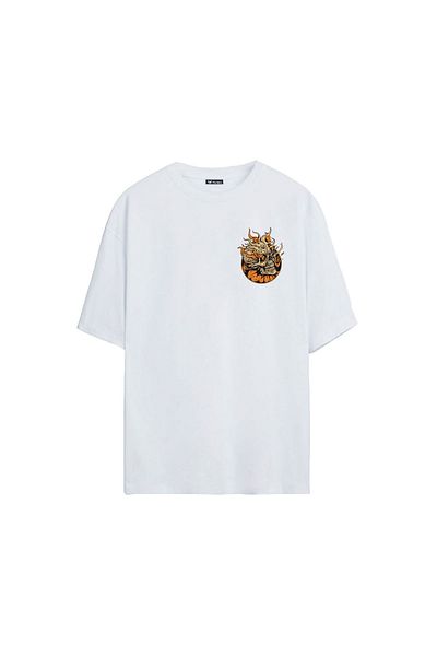 THEWERT Unisex Flaming Skull Printed White Oversize Tshirt