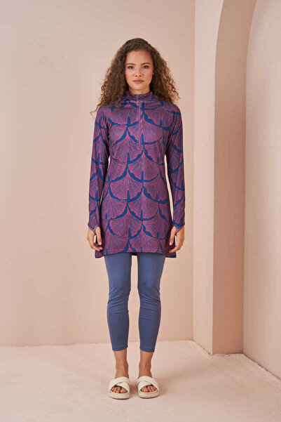 Mevra Navy Blue Leaf Performance Hijab Swimsuit Set