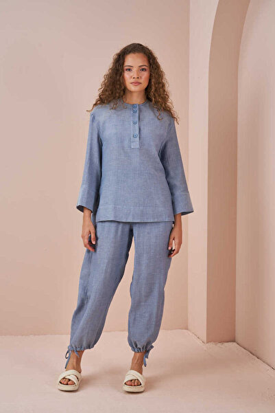 Mevra Muslin Tunic Blue with Slits on the Sides