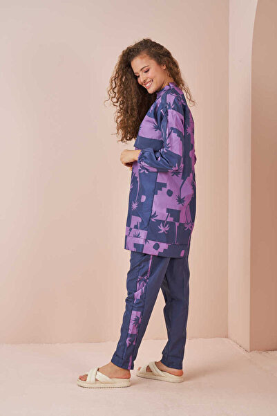 Mevra Costum de baie Hijab cu model palmier scurt Indigo