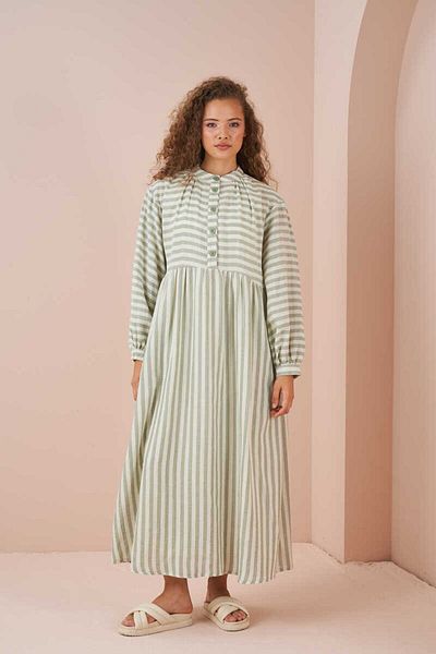 Mevra Green Muslin Thin Striped Drawstring Waist Dress