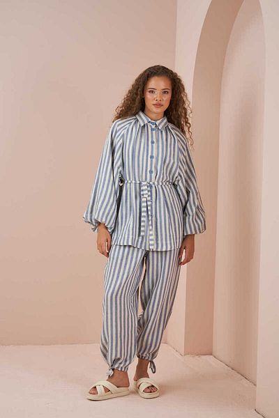 Mevra Lace-up Striped Muslin Shalwar Trousers Blue
