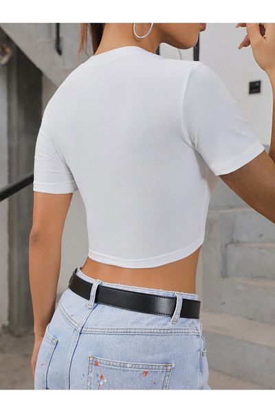 Jose Clothing Λευκό εμπριμέ κοντομάνικο Crop Top - Βρεφική μπλούζα που εφαρμόζει στο σώμα