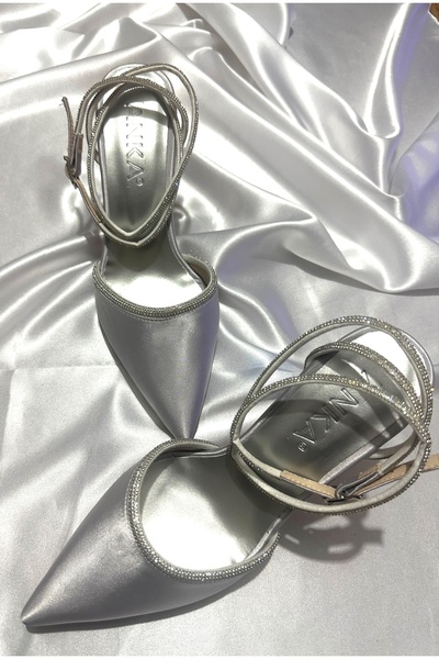 TrendyAnka Women's Silver Satin 8 Cm Transparent Heeled Ankle Wrapped Jewelle...
