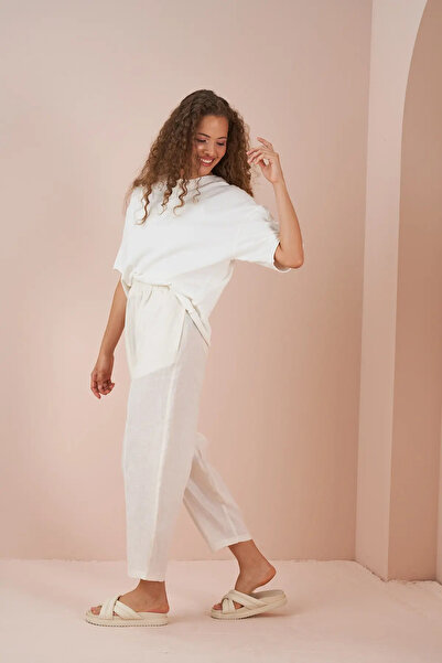 Mevra Front Stitched Linen Trousers Ecru