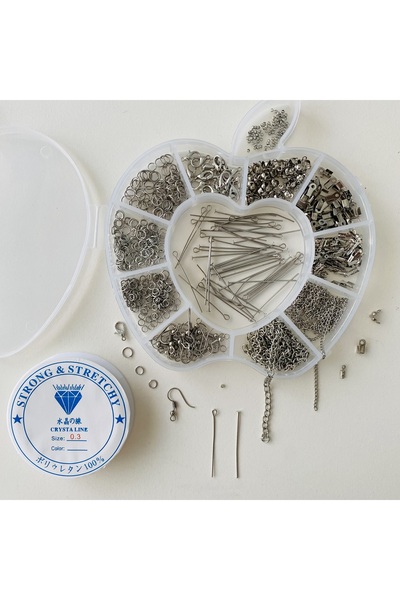 yağmur gökçe ELMA KUTULU METAL SET 3 - GÜMÜŞ KÜPE KOLYE BİLEKLİK YAPIM SETİ MİNİ KIVIRMA PENSELİ