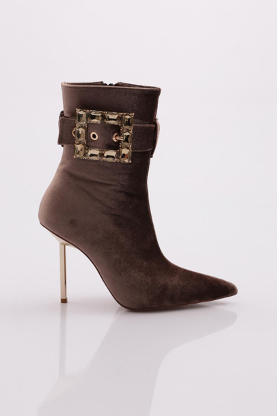 DGN Γυναικείες μπότες με τακούνι με αγκράφα στο πλάι καφέ βελούδο 91133557
