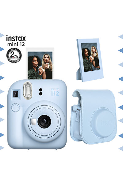 Fujifilm Instax mini 12 Mavi Fotoğraf Makinesi-Çerçeve ve Deri Kılıf Seti