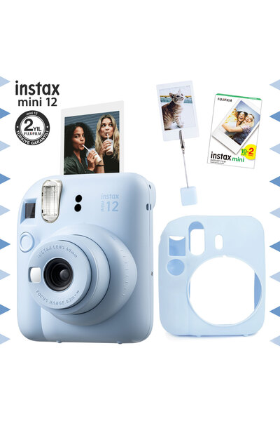 Fujifilm Instax mini 12 Mavi Fotoğraf Makinesi-20'li Film-Kıskaçlı Resim Standı ve Silikon Kılıf Seti