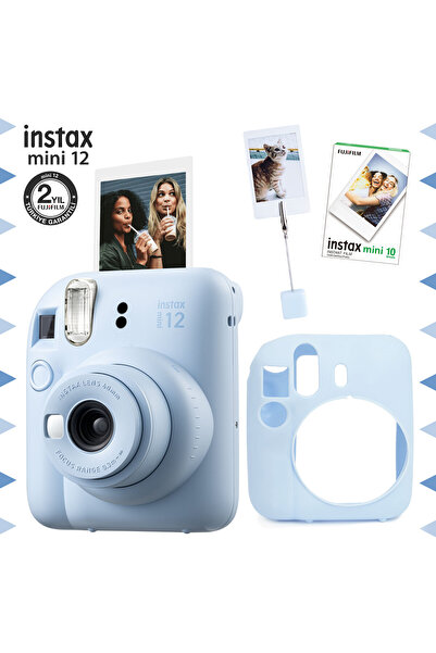 Fujifilm Instax mini 12 Mavi Fotoğraf Makinesi-10'lu Film-Kıskaçlı Resim Standı ve Silikon Kılıf Seti