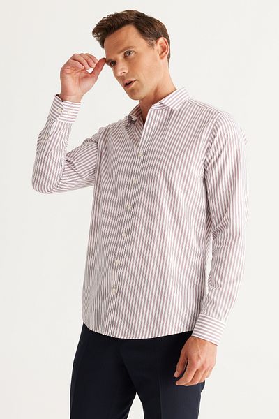 AC&Co / Altınyıldız Classics Men's White-Claret Red Slim Fit Narrow Cut Classic Collar Cotton Striped Shirt
