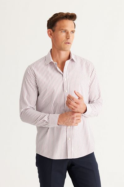 AC&Co / Altınyıldız Classics Men's White-Claret Red Slim Fit Narrow Cut Classic Collar Cotton Striped Shirt