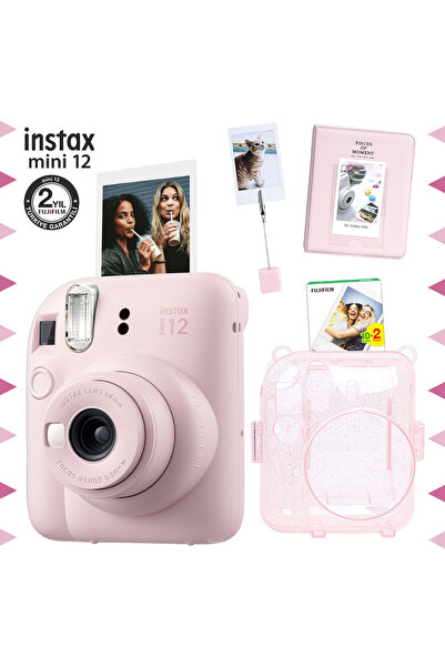 Fujifilm Instax mini 12 Pembe Fotoğraf Makinesi-20'li Film-Kıskaçlı Stand-PVC Albüm ve Simli Pleksi Kılıf Set