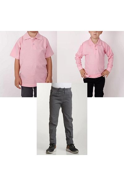 FATELLA Unisex children's school ribbed waist trousers - pink short sleeve long sleeve Polo collar t-shirt 3 piece set