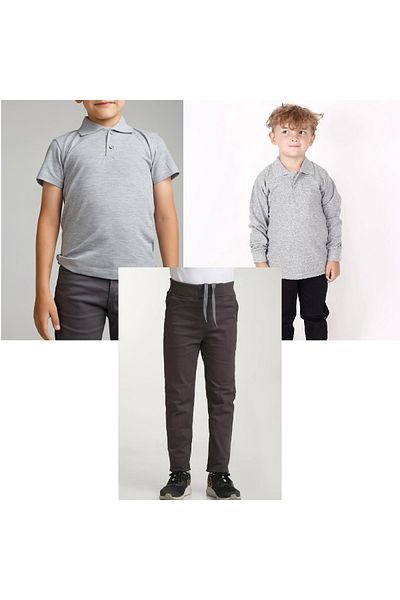 FATELLA Unisex children's school ribbed waist trousers - gray short sleeve long sleeve Polo collar t-shirt 3 piece set