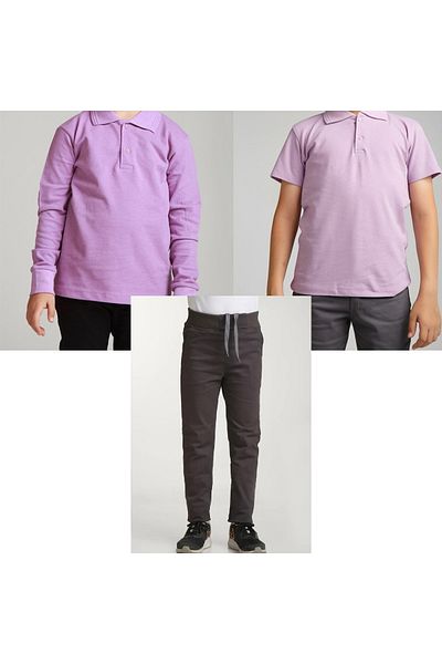 FATELLA Unisex children's school ribbed waist trousers - lilac short sleeve long sleeve Polo collar t-shirt 3 piece set