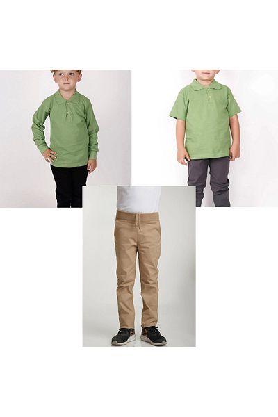 FATELLA Unisex children's school ribbed waist trousers - green short sleeve long sleeve Polo collar t-shirt 3 piece set