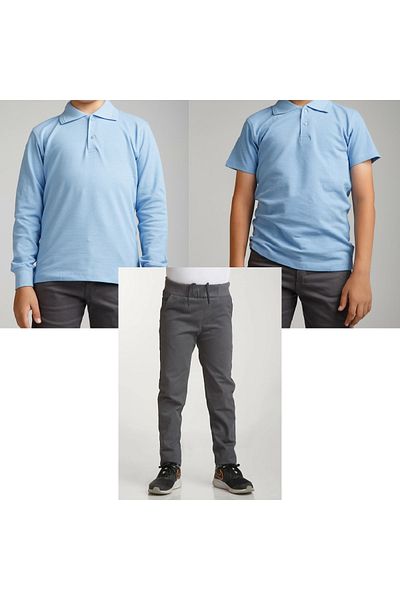 FATELLA Unisex children's school ribbed waist trousers - blue short sleeve long sleeve Polo collar t-shirt 3 piece set