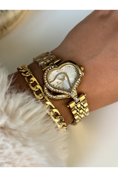 Reward Brand Heart Model Steel Strap Stone Gold Yellow Color Women's Wristwatch i+ Bracelet