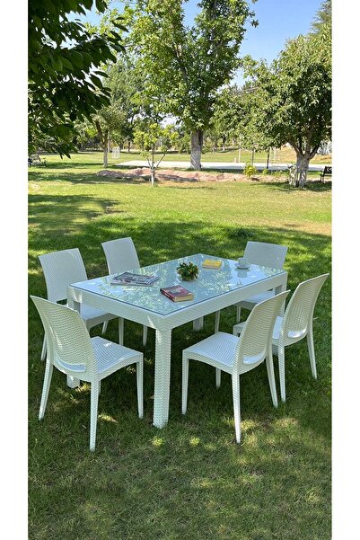 SANDALİE Rattan Large Camlı Beyaz Masa Takımı Bahçe&balkon 1 Camlı Masa + 6 S...