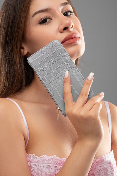 The Noir Leather Miami Women's Zippered Gray Card Holder Wallet