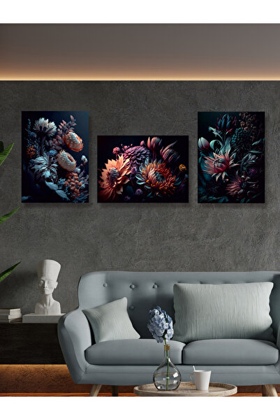 YALOVA SHOP Dekoratif Karanlığa Doğan Çiçekler 3 lü Tablo Seti Gothic Sanat Tarzı