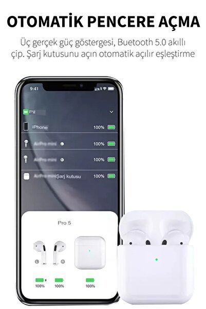PİNK İTHALAT Pro 5 Ios Android Uyumlu Dokunmatik Bluetooth Kulaklık 8d Stereo Hd Ses