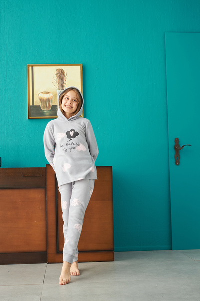 Siyah İnci Bottom-Top Fleece Hooded Embroidered Pajama Set
